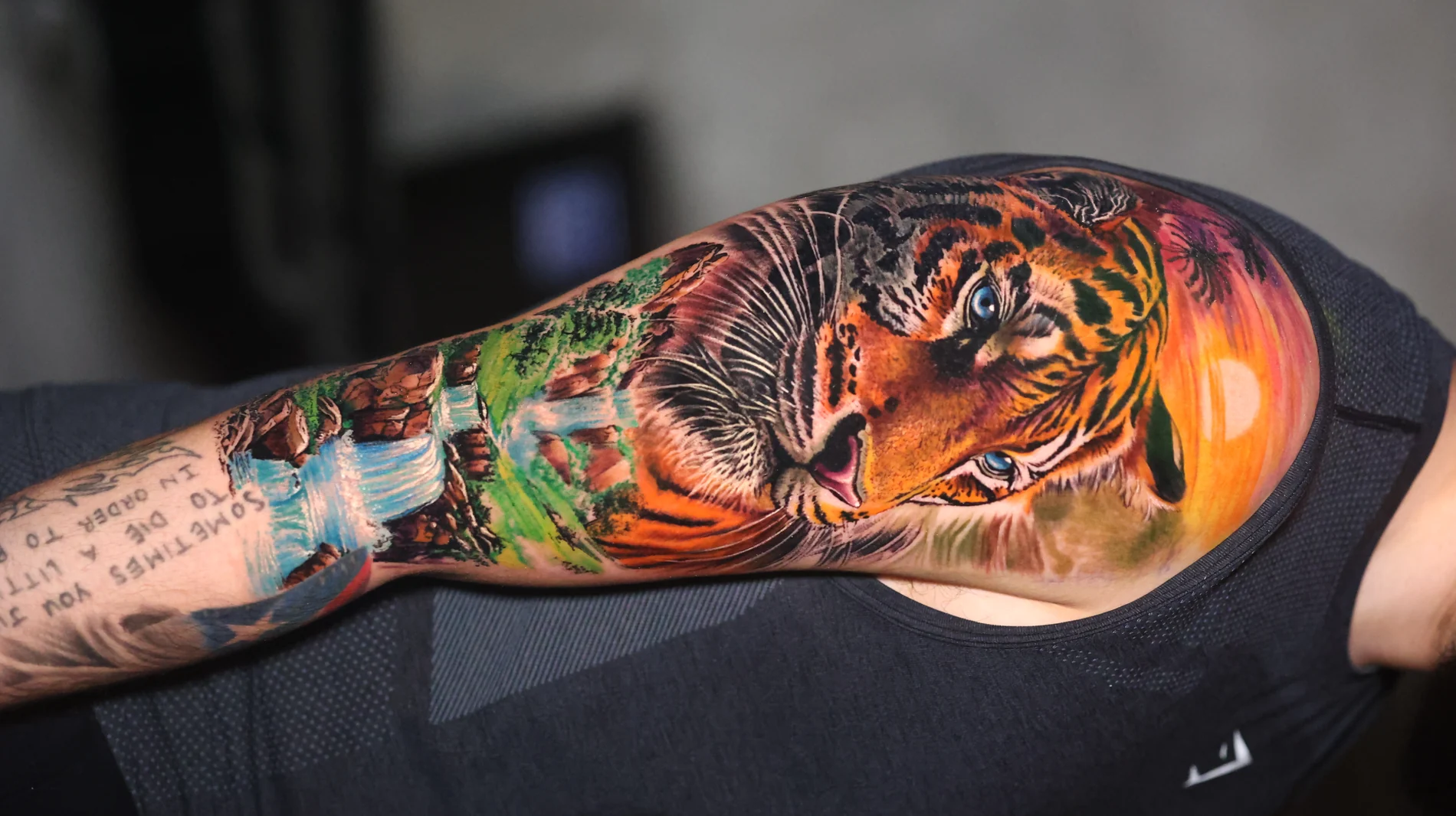 Full colour realism tiger sleeve with a landscape, by H